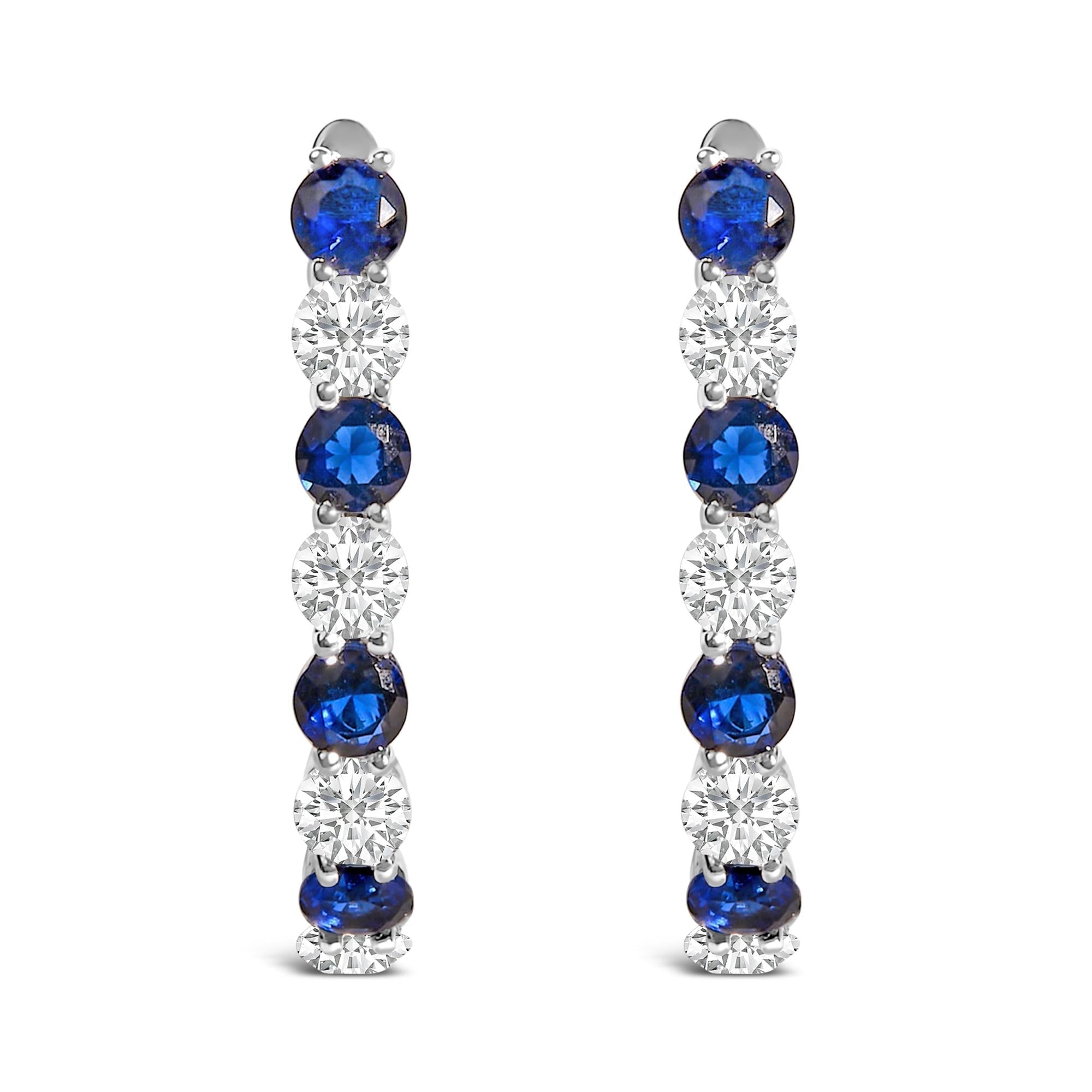 .925 Sterling Silver Created Blue and White Sapphire Hoop Earrings-0
