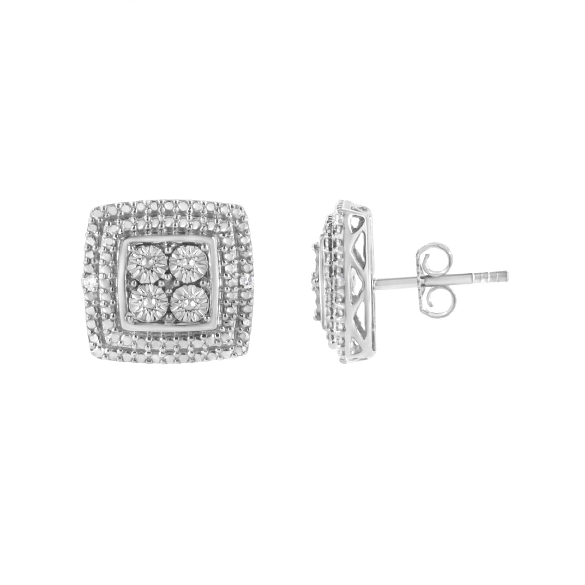 .925 Sterling Silver Diamond Accented Square Shaped Milgrain Stud Earrings (I-J Clarity, I3 Color)-0