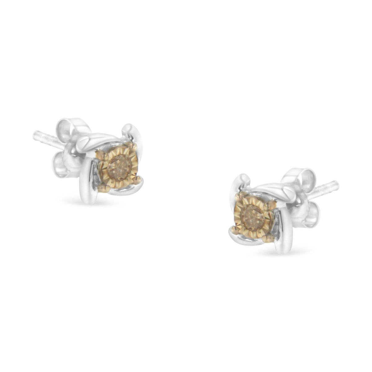 Two-Toned Sterling-Silver Diamond Stud Earring (0.10 cttw, Champagne Color, I2-I3 Clarity)-0