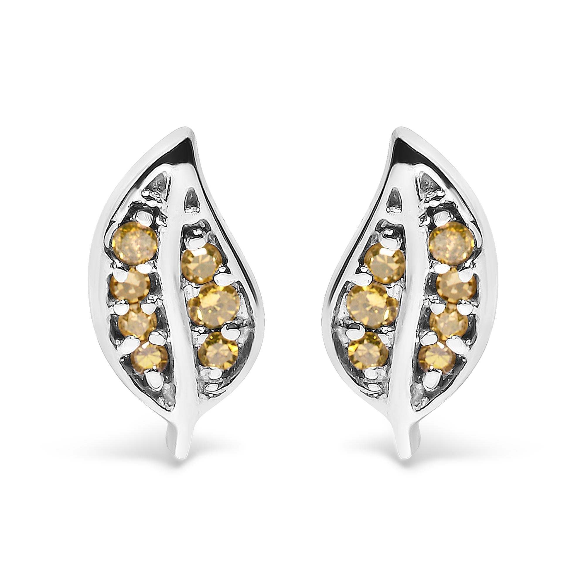 .925 Sterling Silver Yellow Diamond Accent Leaf Stud Earrings (Yellow Color, SI1-SI2 Clarity)-0