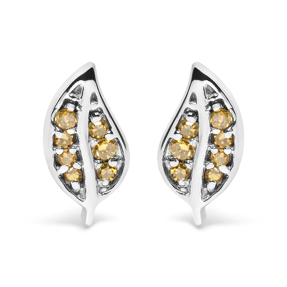 .925 Sterling Silver Yellow Diamond Accent Leaf Stud Earrings (Yellow Color, SI1-SI2 Clarity)-0