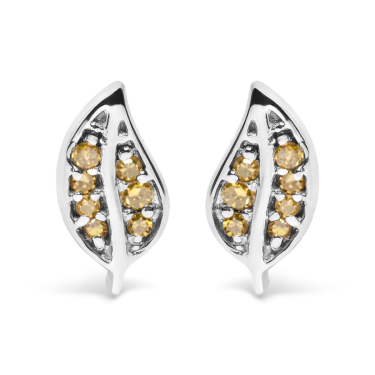 .925 Sterling Silver Yellow Diamond Accent Leaf Stud Earrings (Yellow Color, SI1-SI2 Clarity)-0