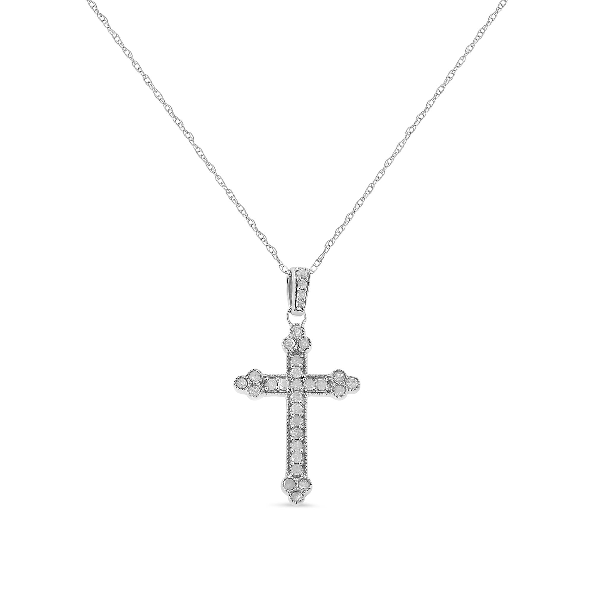 .925 Sterling Silver 1/4 Cttw Prong Set Round-Cut Diamond Cross 18" Pendant Necklace - (I-J Color, I3-Promo Quality)-0