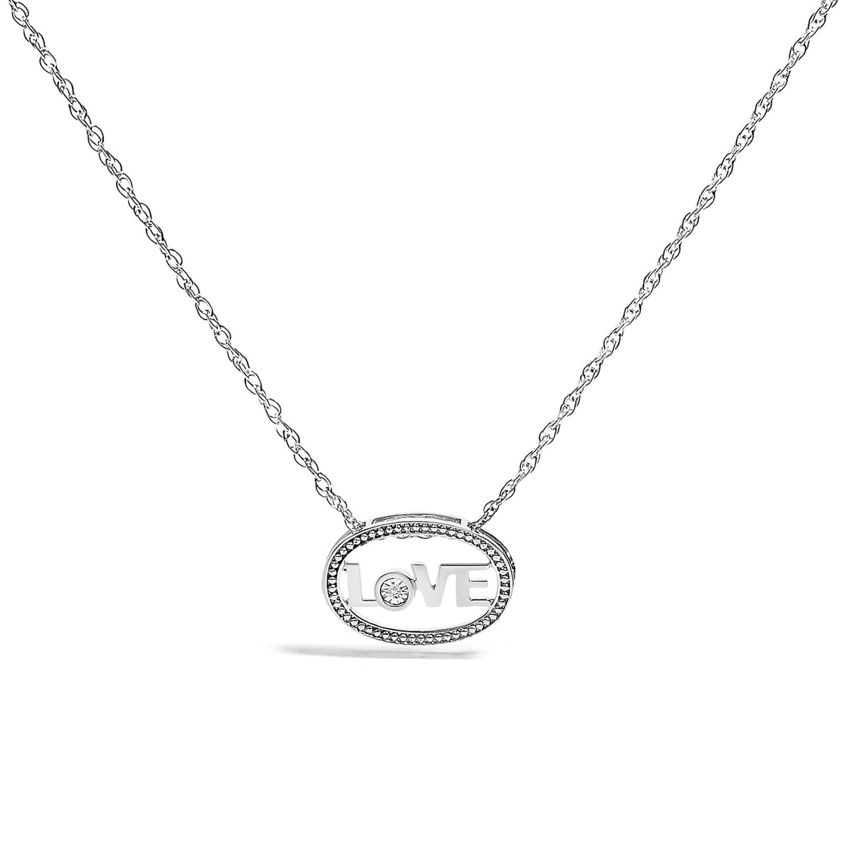 .925 Sterling Silver Diamond Accent "LOVE" Beaded Oval Pendant Necklace (J-K Color, I2-I3 Clarity) - 18" Inches-0