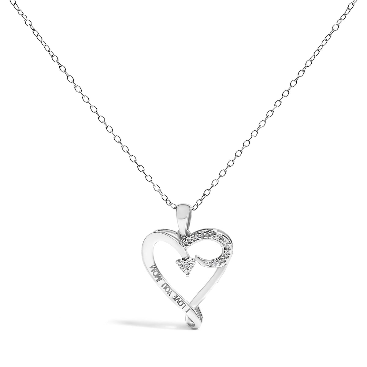 .925 Sterling Silver Diamond Accent "I LOVE YOU MOM" Heart Pendant Necklace (J-K Color, I2-I3 Clarity) - 18" Inches-0