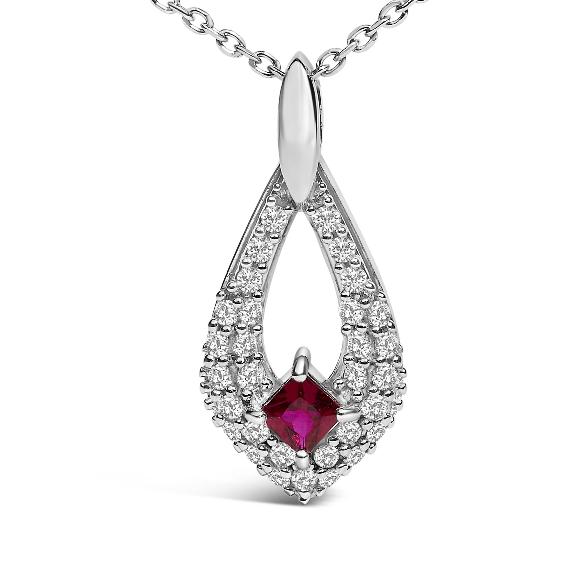 .925 Sterling Silver Created Red Ruby and White Sapphire Pear Shaped Pendant Necklace - 18" Inches-1