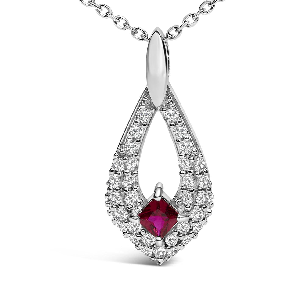 .925 Sterling Silver Created Red Ruby and White Sapphire Pear Shaped Pendant Necklace - 18" Inches-1