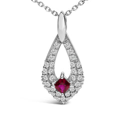 .925 Sterling Silver Created Red Ruby and White Sapphire Pear Shaped Pendant Necklace - 18" Inches-1