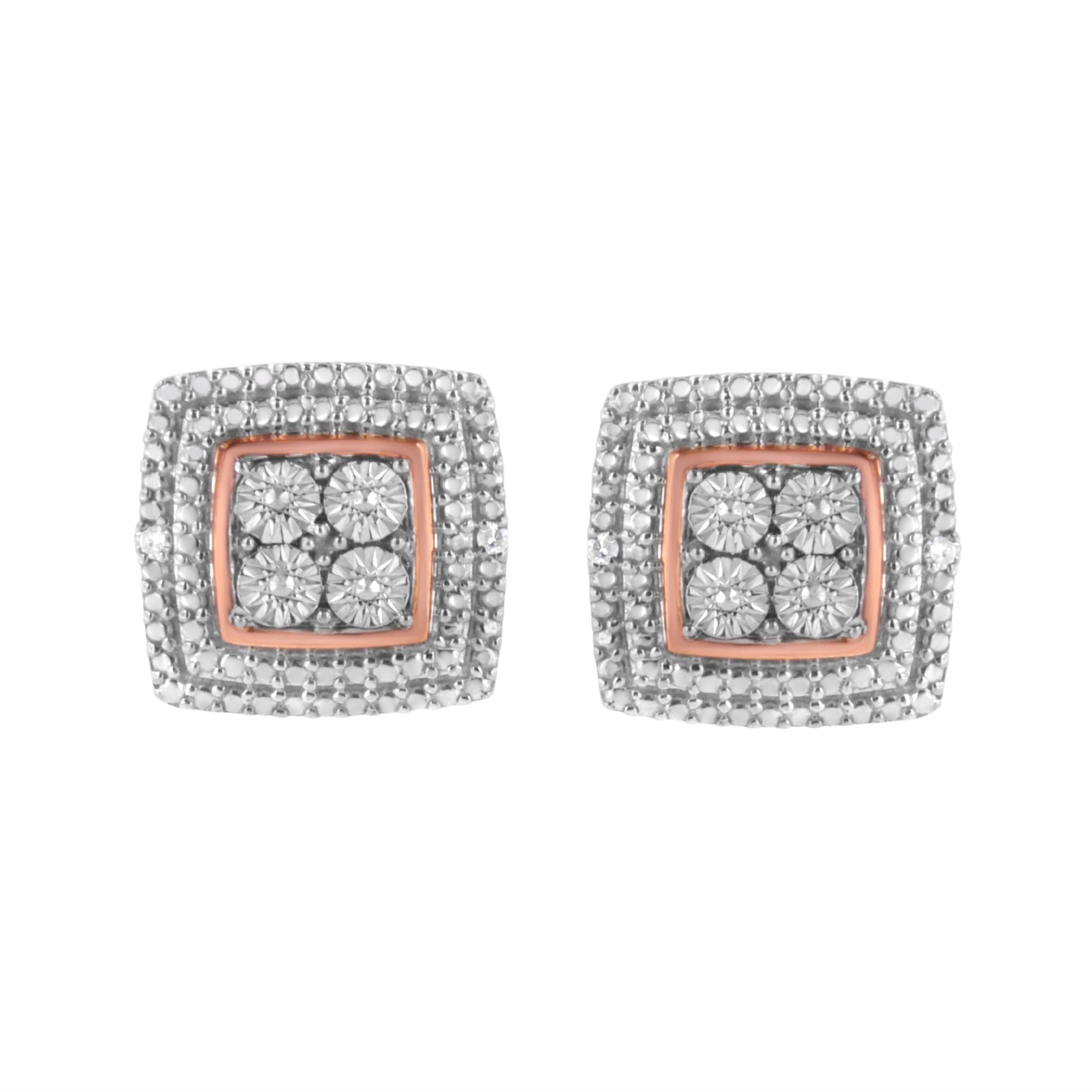 .925 Sterling Silver Diamond Accented Square Shaped Milgrain Stud Earrings (I-J Clarity, I3 Color)-3