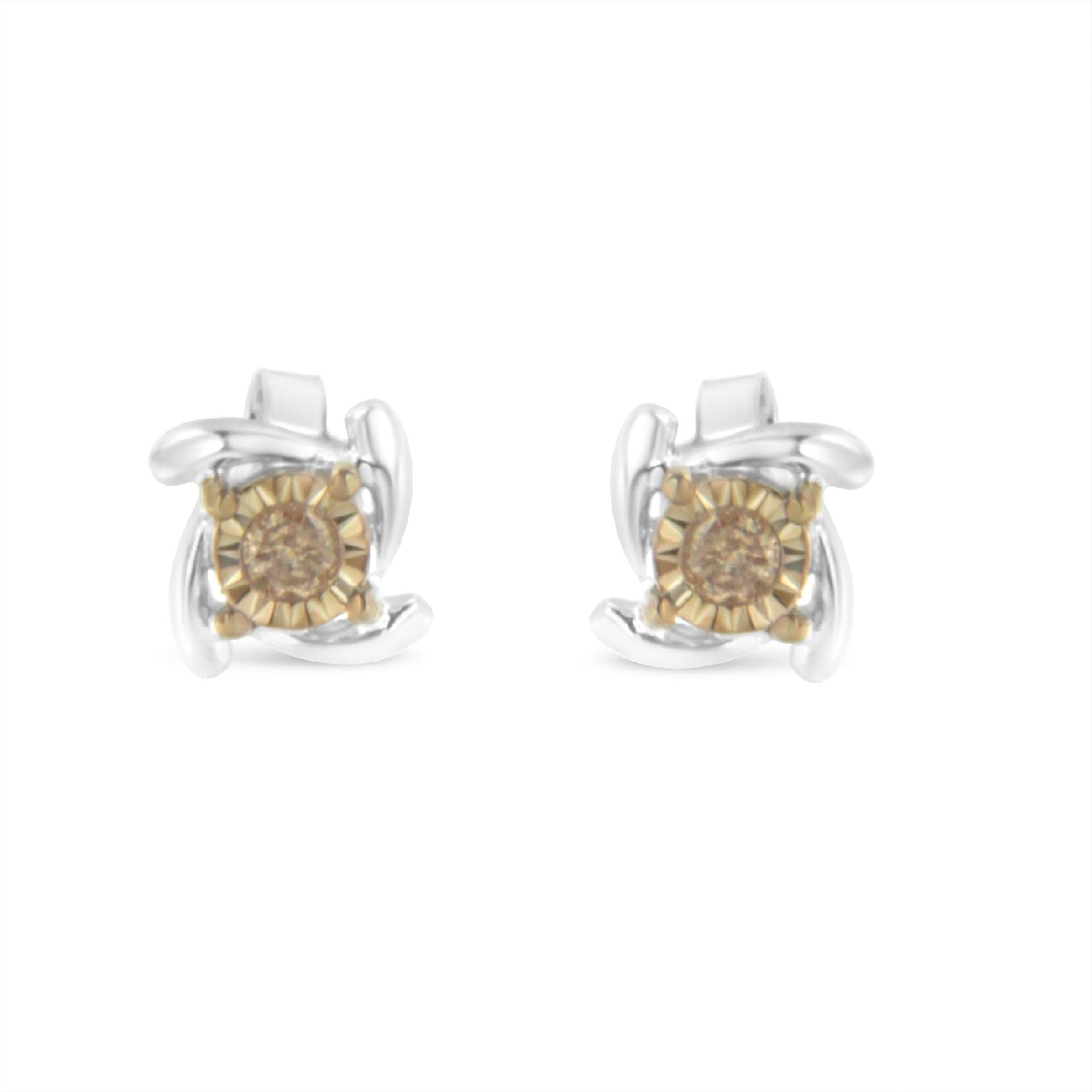 Two-Toned Sterling-Silver Diamond Stud Earring (0.10 cttw, Champagne Color, I2-I3 Clarity)-1
