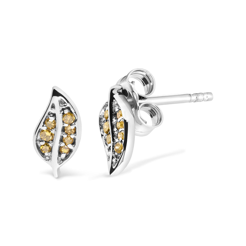 .925 Sterling Silver Yellow Diamond Accent Leaf Stud Earrings (Yellow Color, SI1-SI2 Clarity)-1