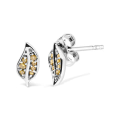 .925 Sterling Silver Yellow Diamond Accent Leaf Stud Earrings (Yellow Color, SI1-SI2 Clarity)-1
