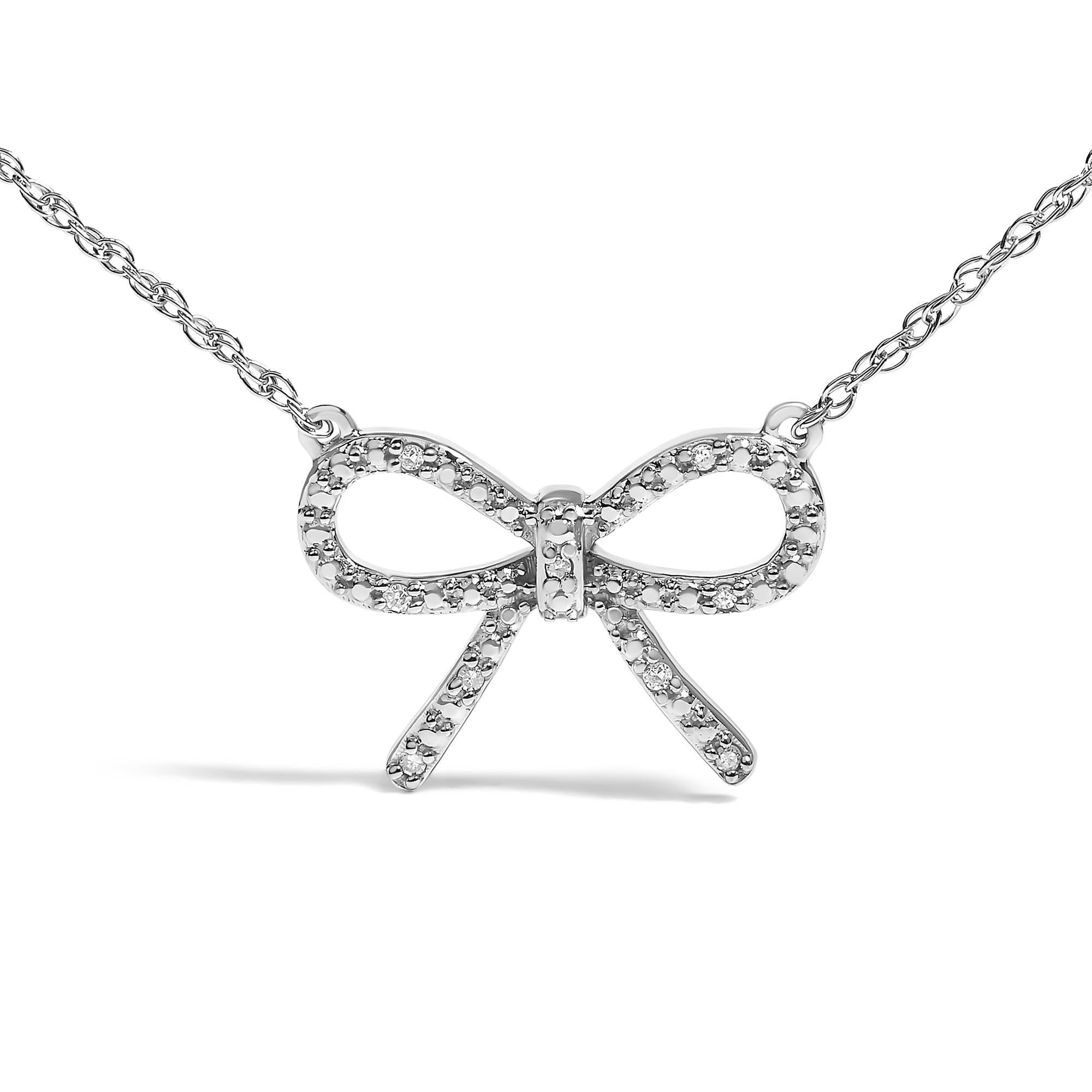 .925 Sterling Silver Diamond Accent Ribbon Bow Knot Pendant Necklace (J-K Color, I2-I3 Clarity) - 18" Inches-1