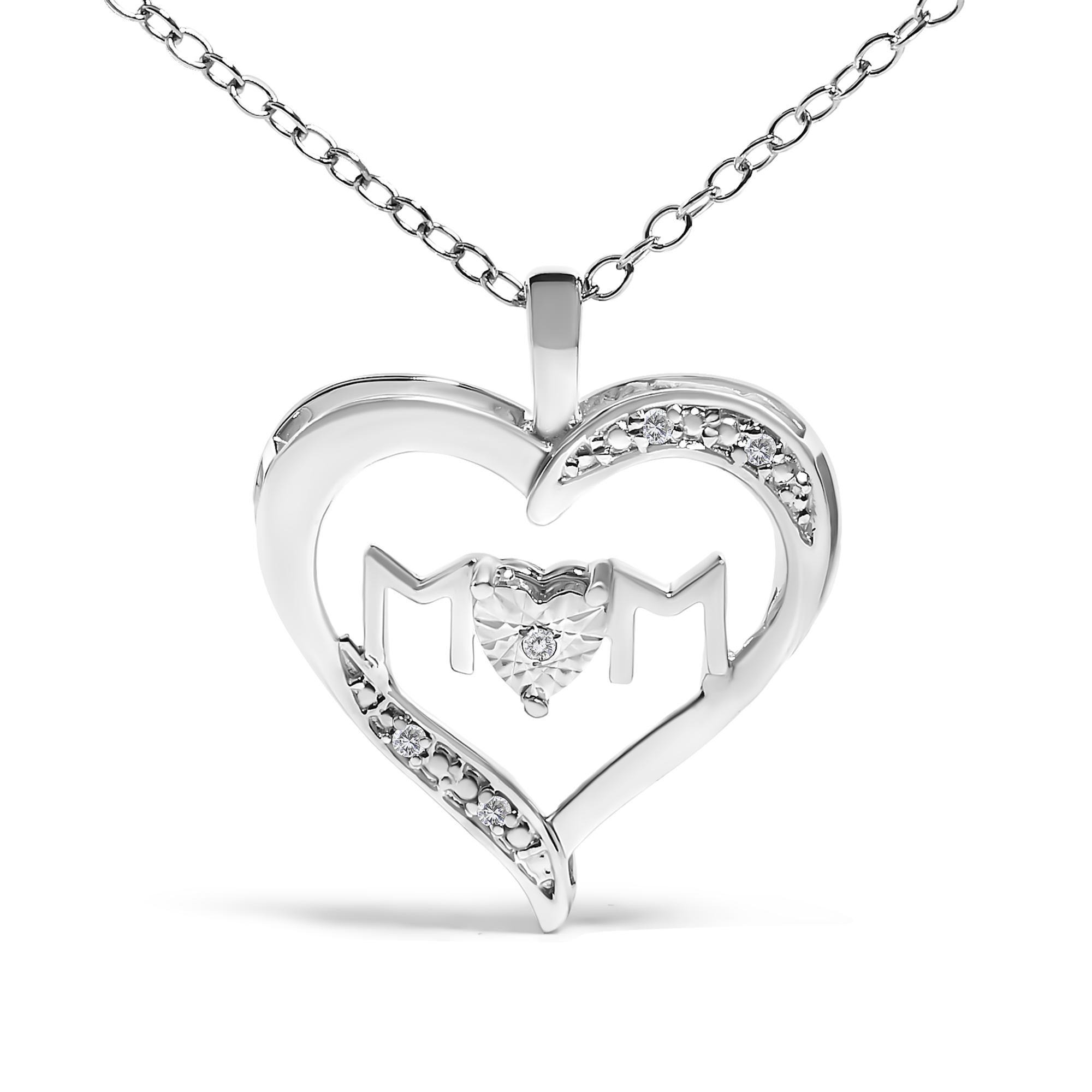 .925 Sterling Silver Diamond Accent MOM with Heart Pendant Necklace (J-K Color, I2-I3 Clarity) - 18" Inches-1