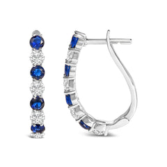 .925 Sterling Silver Created Blue and White Sapphire Hoop Earrings-2