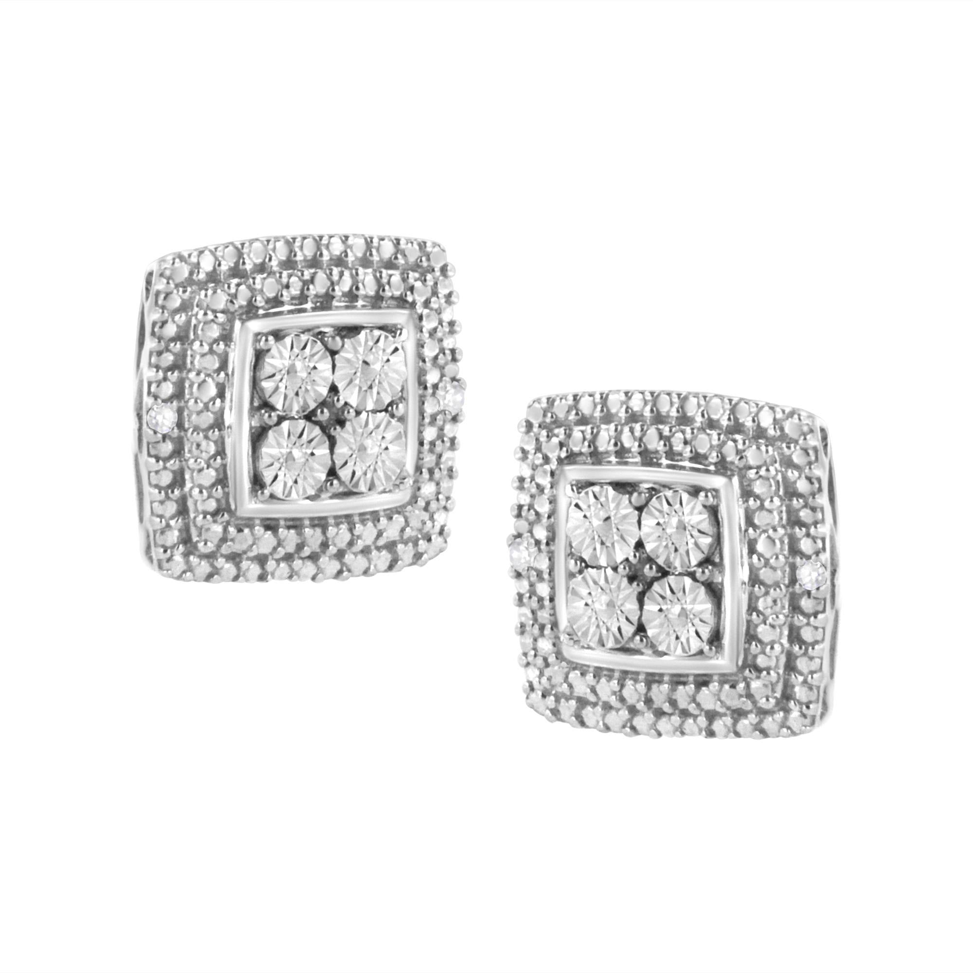 .925 Sterling Silver Diamond Accented Square Shaped Milgrain Stud Earrings (I-J Clarity, I3 Color)-4