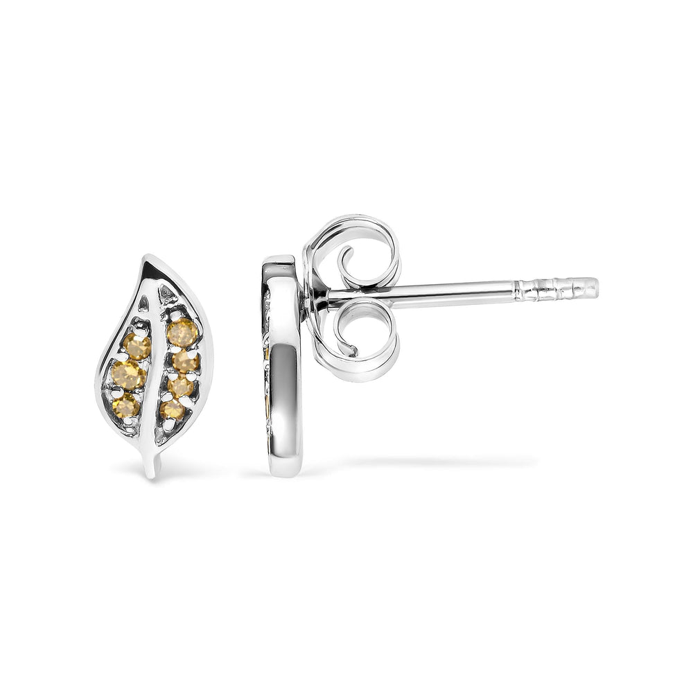 .925 Sterling Silver Yellow Diamond Accent Leaf Stud Earrings (Yellow Color, SI1-SI2 Clarity)-2