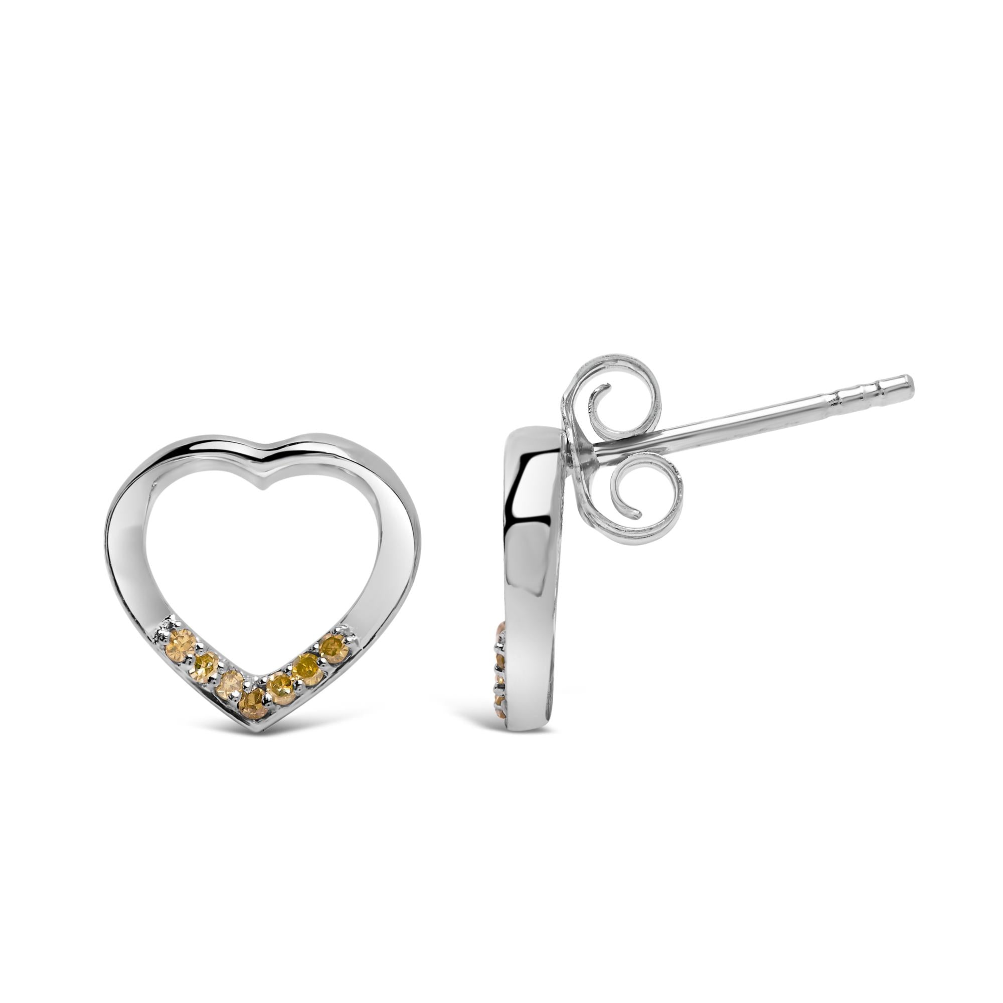 .925 Sterling Silver Yellow Diamond Accent Open Heart Stud Earrings (Yellow Color, SI1-SI2 Clarity)-2