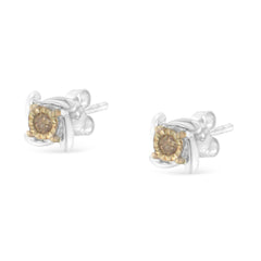 Two-Toned Sterling-Silver Diamond Stud Earring (0.10 cttw, Champagne Color, I2-I3 Clarity)-3