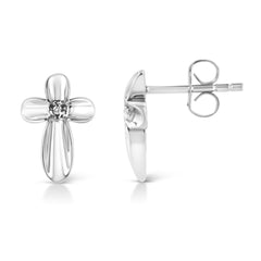 .925 Sterling Silver Prong Set Diamond Accent Floral Cross Stud Earring (I-J Color, I1-I2 Clarity)-3