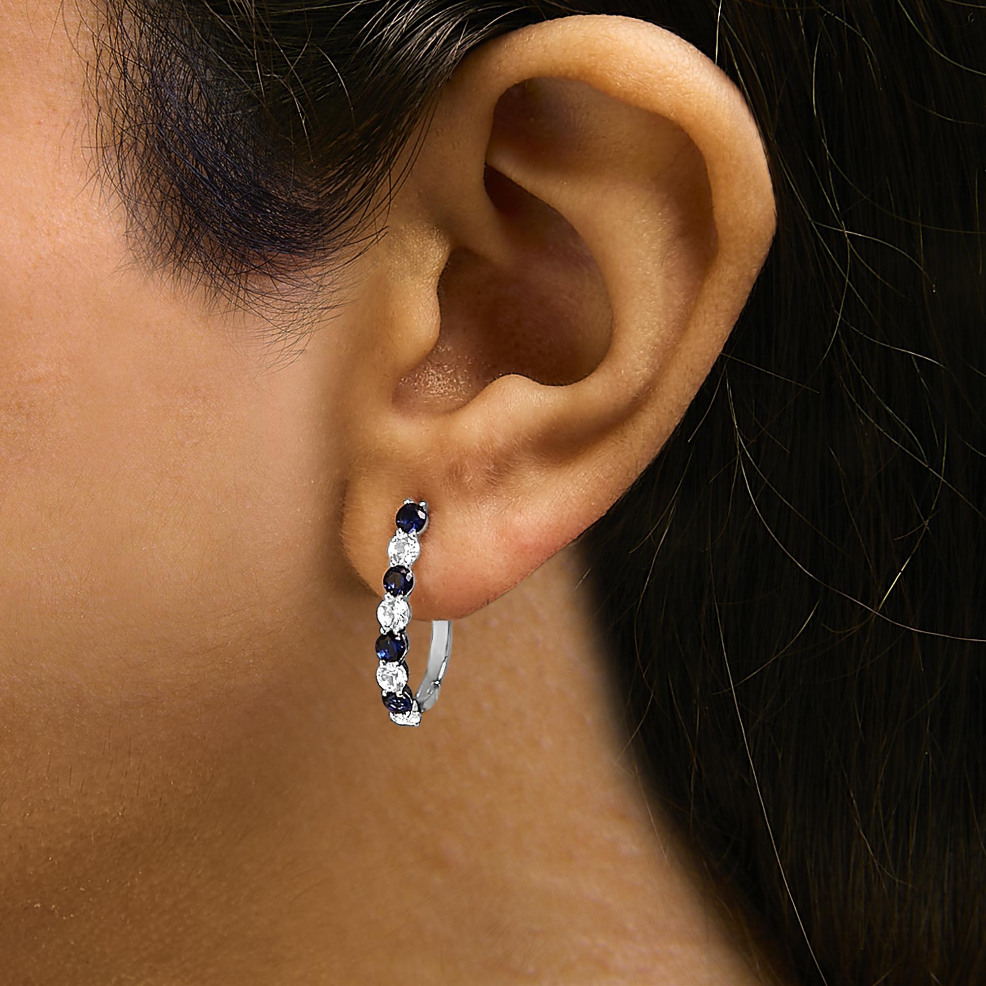 .925 Sterling Silver Created Blue and White Sapphire Hoop Earrings-3