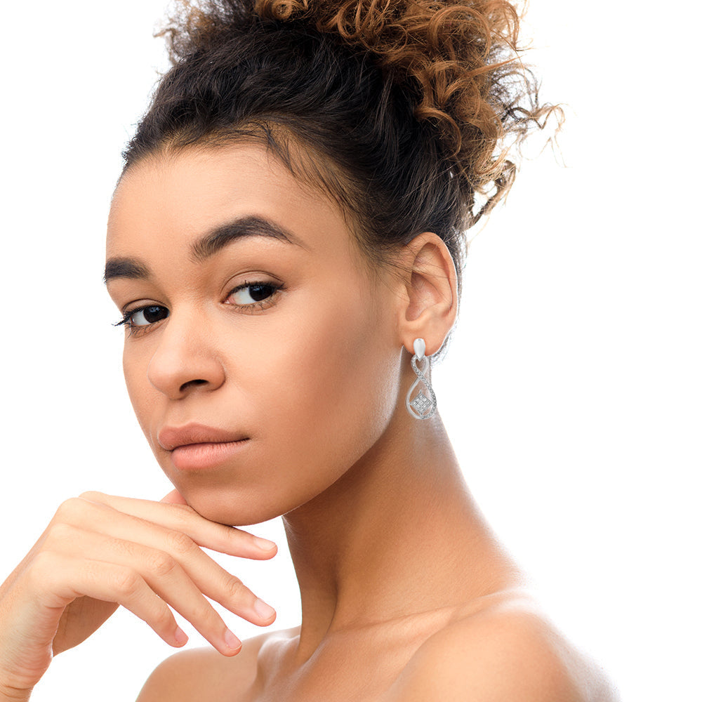 .925 Sterling Silver Round-Cut Diamond Accent Tilted Square and Infinity Drop Earrings (H-I Color, I2-I3 Clarity)-4