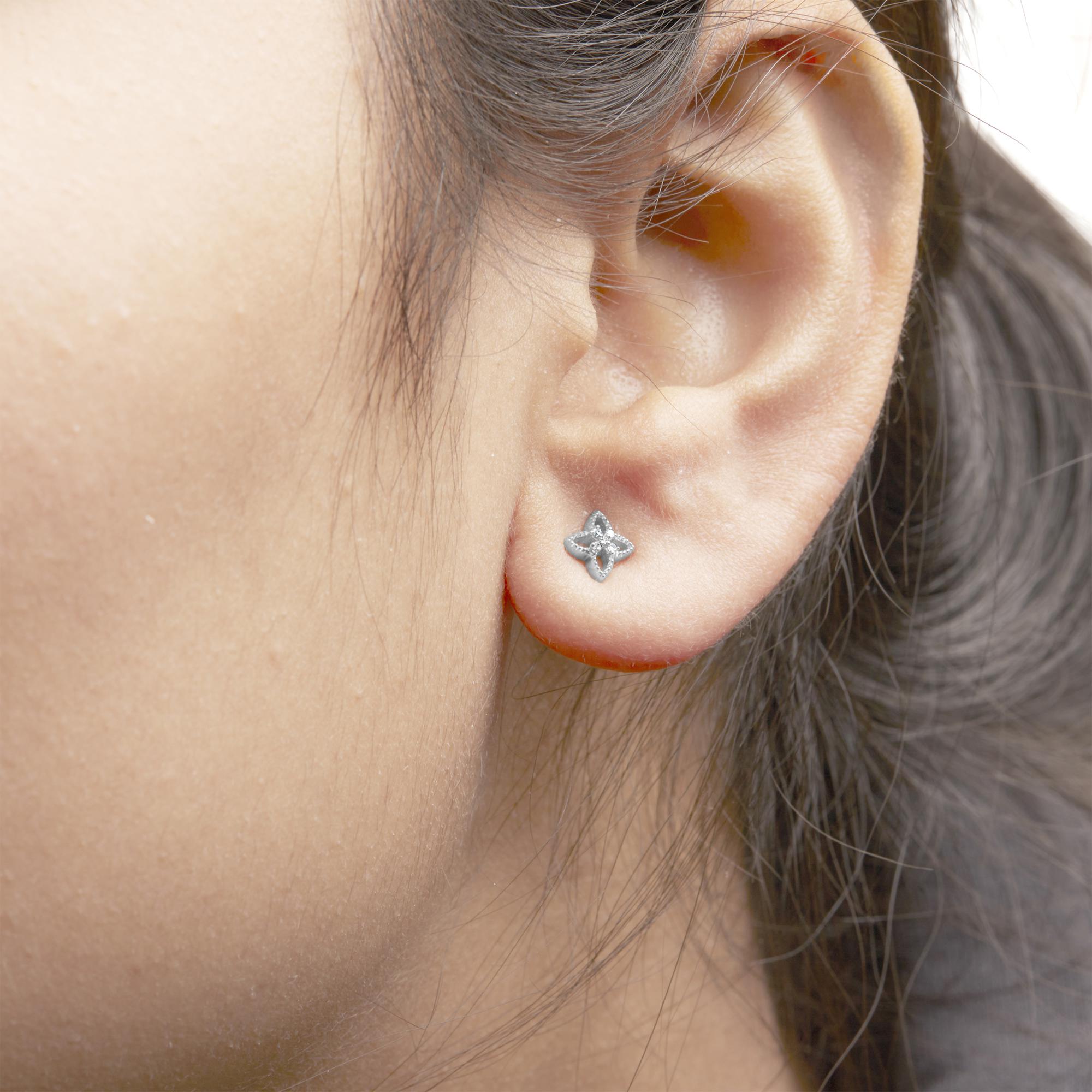 925 Sterling Silver Diamond Accent 4 Petal Flower Stud Earring (H-I Color, I1-I2 Clarity)-3